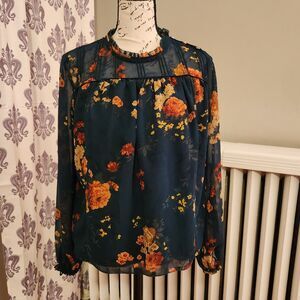 Wilfred Aritzia Lourdes Sheer Floral Boho Blouse Emerald Green w Flowers, Sz XS
